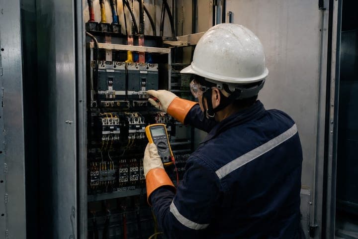Técnico con casco, gafas y guantes midiendo con un multímetro dentro de un tablero eléctrico, sobre las borneras de un circuito de control