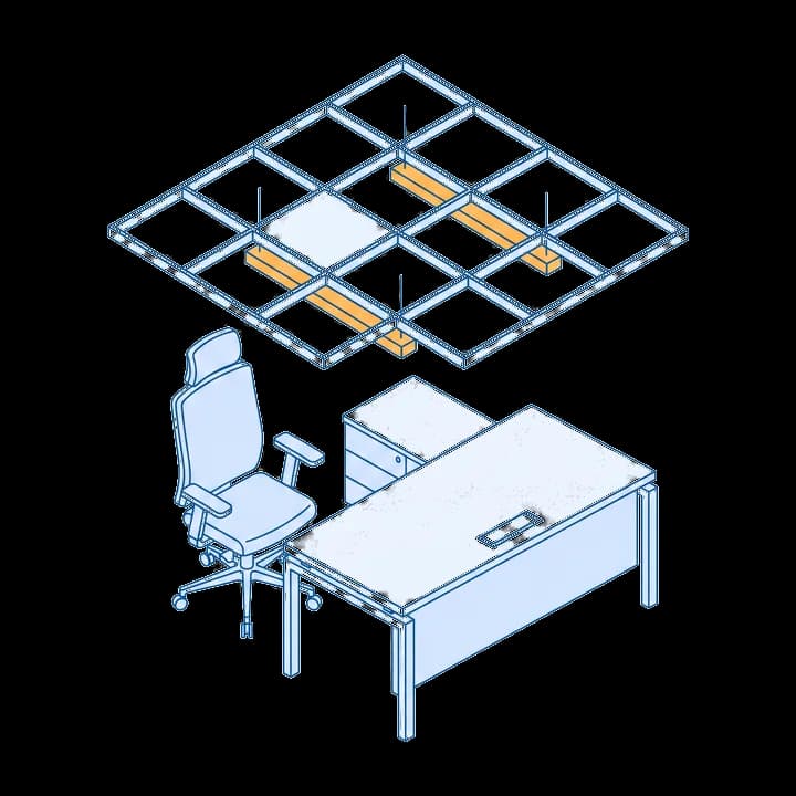 Dibujo técnico de un cielo raso modular con luminarias empotradas, sobre un escritorio y una silla ergonómica de oficina
