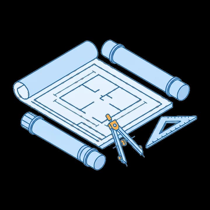 Dibujo técnico de una mesa con un plano de planta desplegado, rollos de planos, un compás y una escuadra